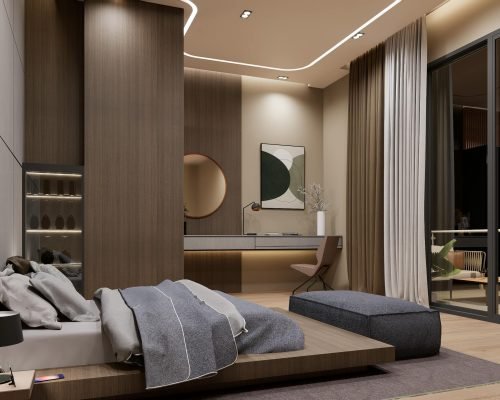 Stylish minimalist bedroom interior featuring a cozy bed, modern decor, and warm lighting.